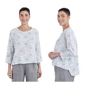 NWT Cut Loose Daisy Hi-Low 3/4 Sleeve Coastal Crop Linen Boxy Lagenlook Top Lrg